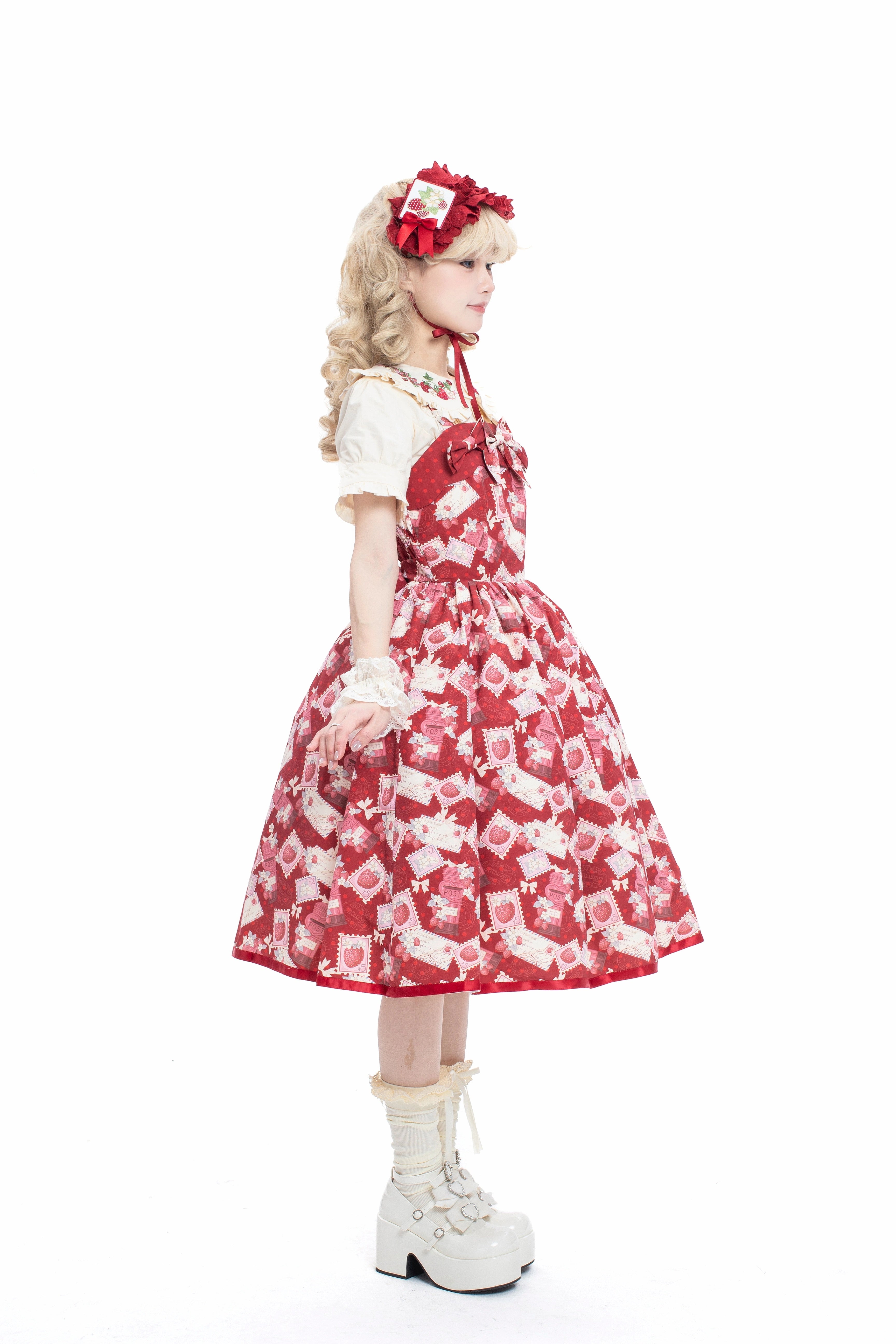 Sweet Lolita Strawberry Witch Burgundy Summer Embroidered Dress Strawberry Print