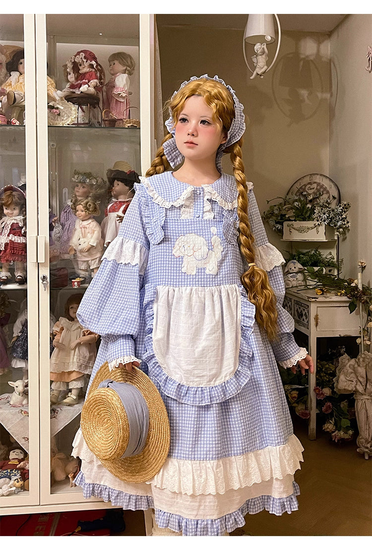 Design Concept:
This Sweet Lolita suspender dress features a charming plaid pattern adorned with adorable dog prints, available in blue and red. Designed with a sleeveless A-line silhouette, the dress offers a loose and flattering fit that enhances comfort while maintaining a cute, playful look. Perfect for daily wear, tea parties, or casual Lolita gatherings, this dress brings a youthful and whimsical touch to your wardrobe.