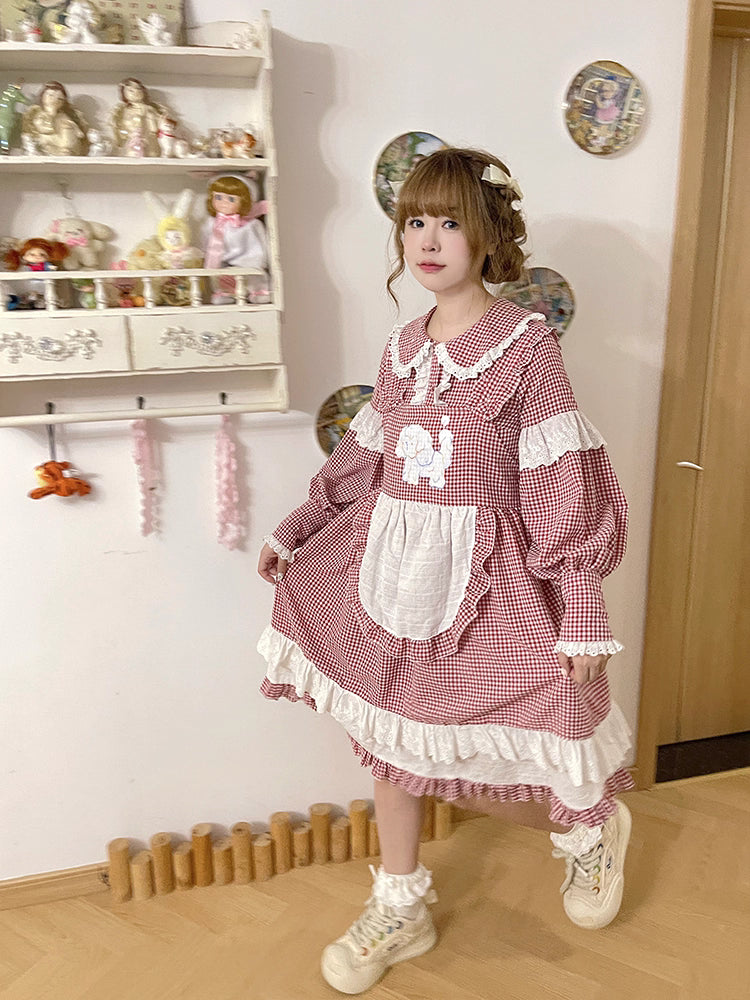 Design Concept:
This Sweet Lolita suspender dress features a charming plaid pattern adorned with adorable dog prints, available in blue and red. Designed with a sleeveless A-line silhouette, the dress offers a loose and flattering fit that enhances comfort while maintaining a cute, playful look. Perfect for daily wear, tea parties, or casual Lolita gatherings, this dress brings a youthful and whimsical touch to your wardrobe.