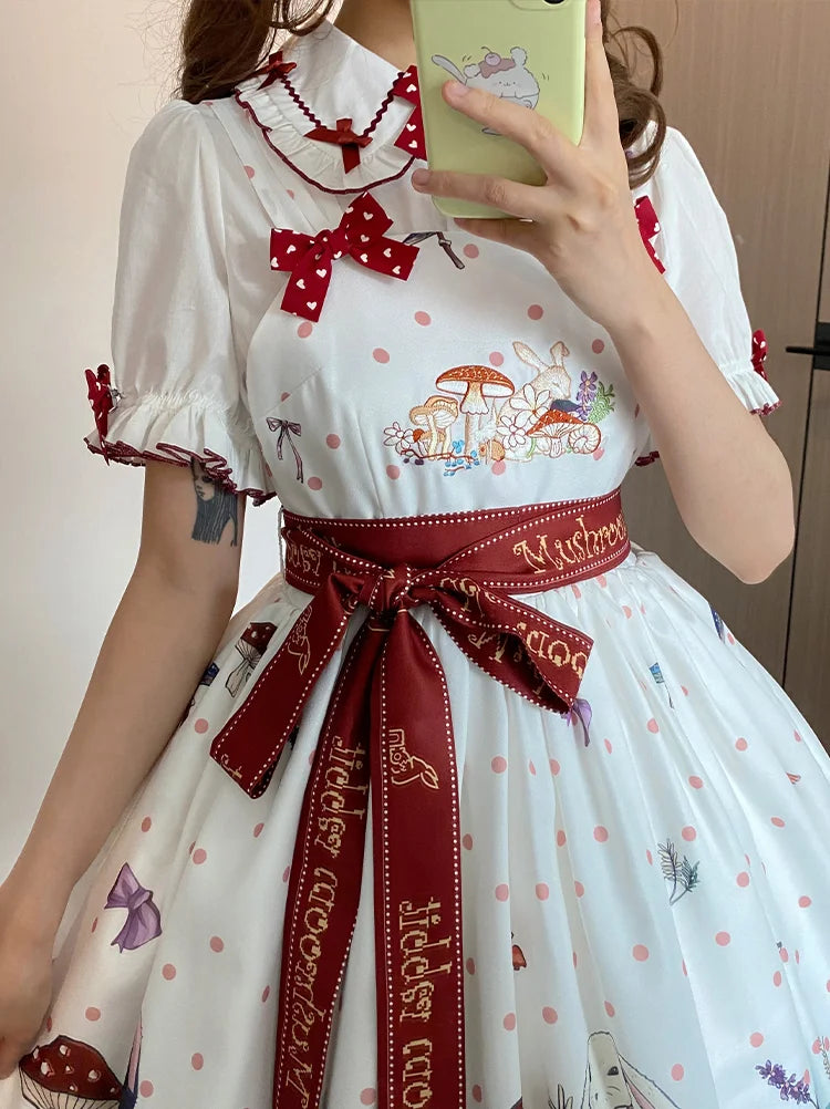 Sweet Lolita White Apricot Idyllic Mushroom Bunny Print Dress Jumper Skirt