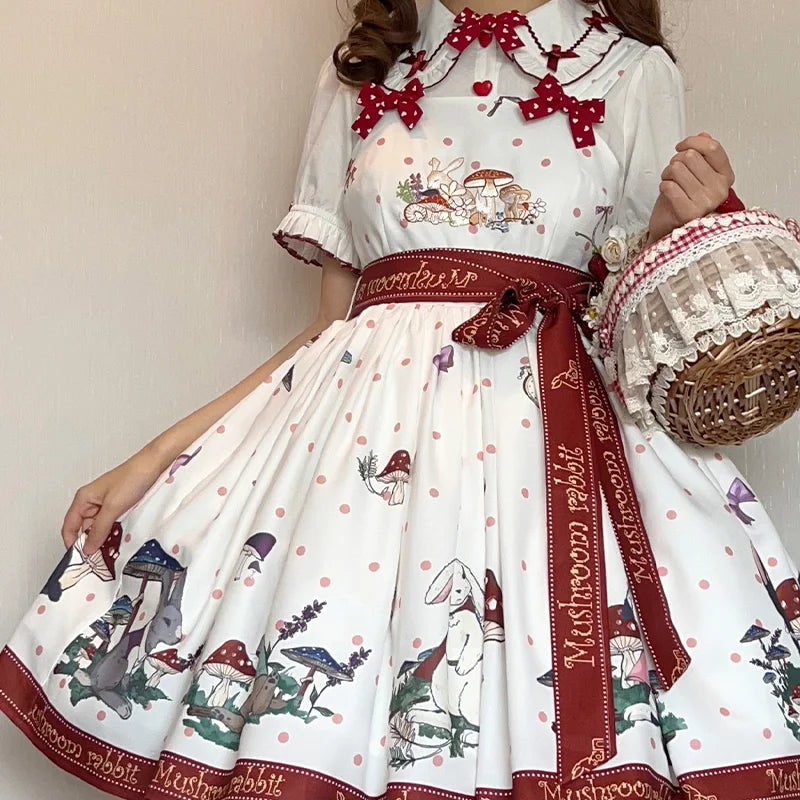 Sweet Lolita White Apricot Idyllic Mushroom Bunny Print Dress Jumper Skirt