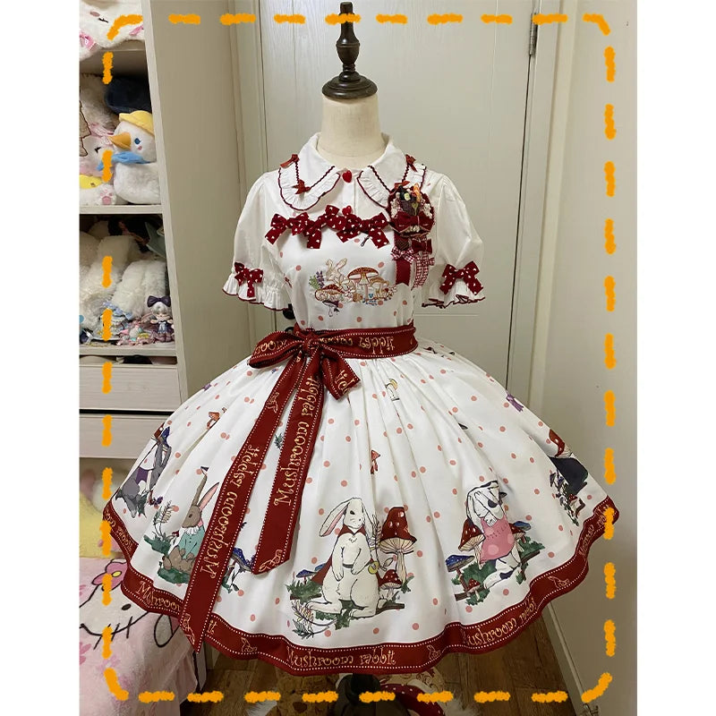 Sweet Lolita White Apricot Idyllic Mushroom Bunny Print Dress Jumper Skirt
