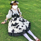 Sweet Lolita White Black JSK Dress Light Lolita Bow Trim Ruffle Hem