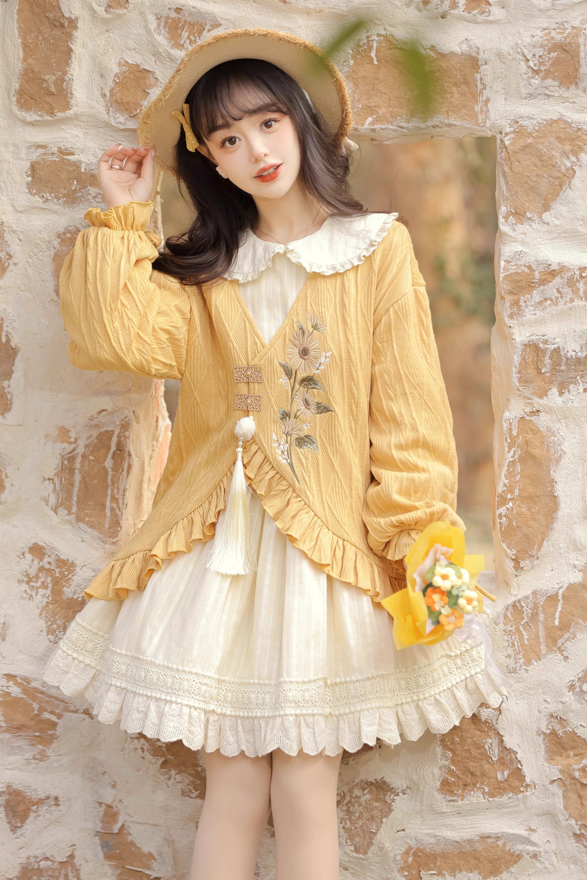 This Yellow Sweet Lolita Dress Set combines warmth, comfort, and playful charm. Featuring vibrant sunflower embroidery, it brings a cheerful, pastoral touch to the classic Lolita silhouette. The long-sleeve coat adds layering and coziness, perfectly complementing the JSK dress beneath. Ideal for tea parties, seasonal outings, or casual gatherings, this set captures a bright and youthful Lolita aesthetic, blending sweet elegance with a touch of countryside charm.