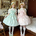 Sweet Lolita with Bow Cake Dress White Green Pink Charming Jumper Skirt