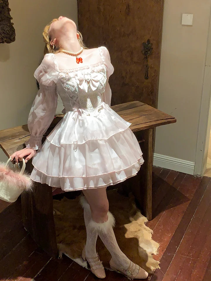Sweet Pale Pink Elegant organza Princess Dress Lolita Cute Long Sleeve Dress