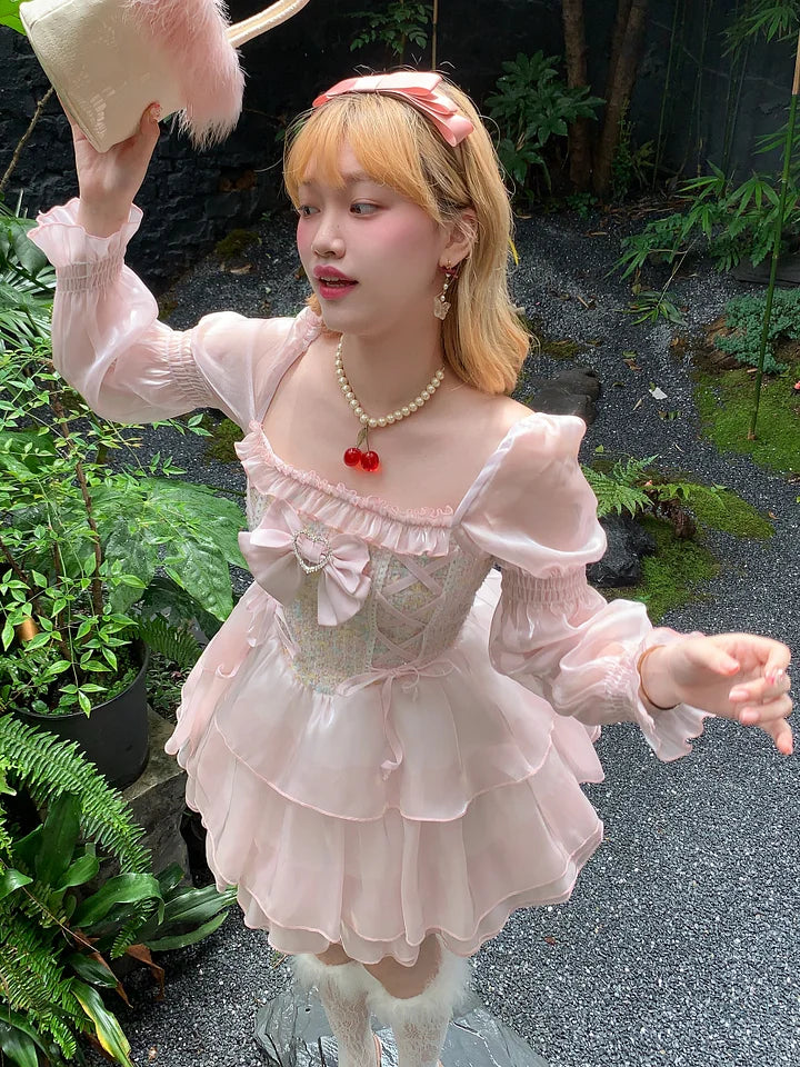 Sweet Pale Pink Elegant organza Princess Dress Lolita Cute Long Sleeve Dress
