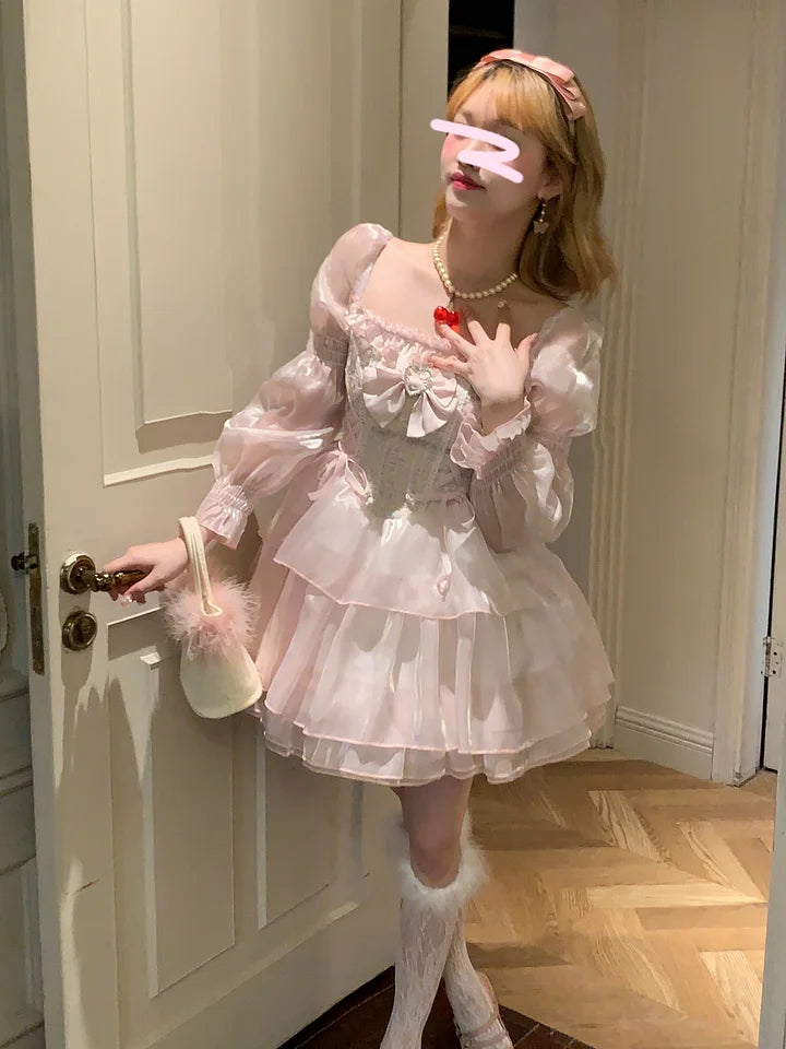 Sweet Pale Pink Elegant organza Princess Dress Lolita Cute Long Sleeve Dress