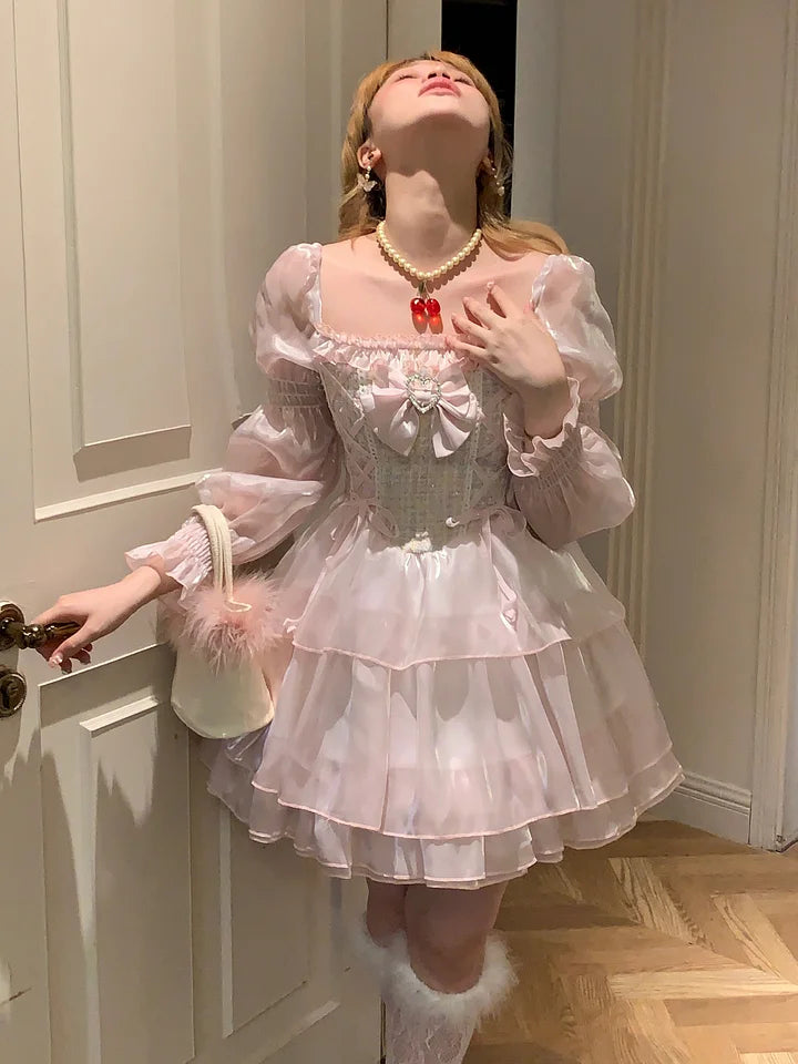 Sweet Pale Pink Elegant organza Princess Dress Lolita Cute Long Sleeve Dress