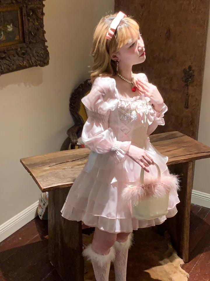 Sweet Pale Pink Elegant organza Princess Dress Lolita Cute Long Sleeve Dress