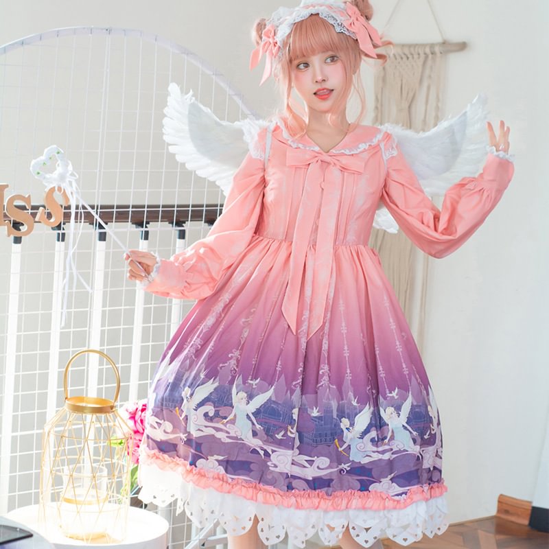 Sweet Lolita Pink Blue Print Plus Size One Piece 3XL Lolita Dress