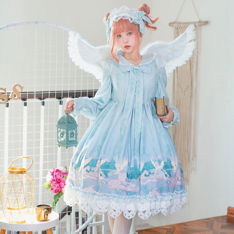 Sweet Lolita Pink Blue Print Plus Size One Piece 3XL Lolita Dress