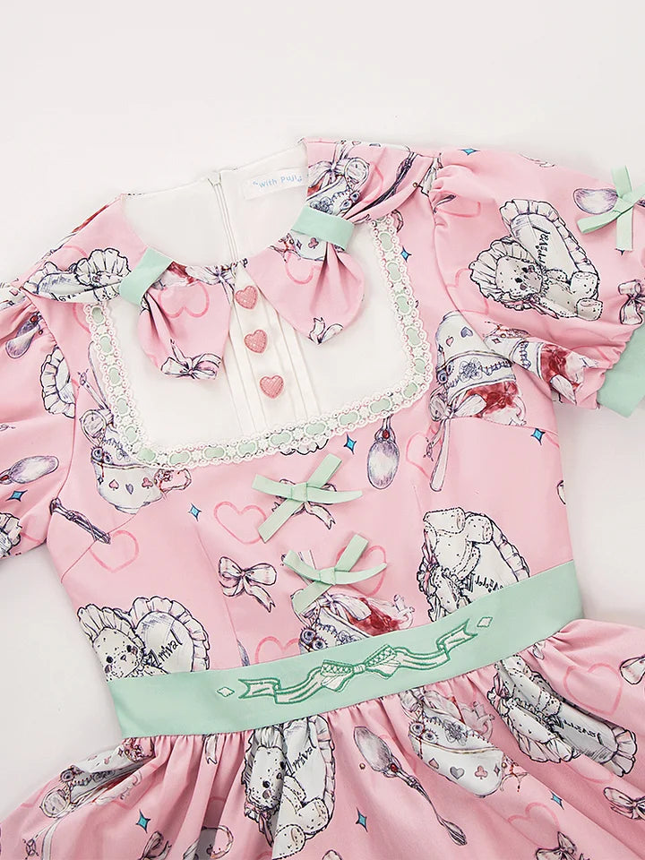 Sweet Pink Green Short Sleeve Dress Printed Lolita Doll Dress