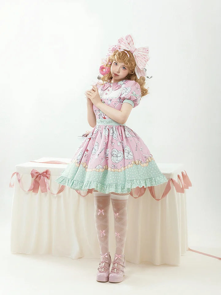 Sweet Pink Green Short Sleeve Dress Printed Lolita Doll Dress