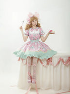 Sweet Pink Green Short Sleeve Dress Printed Lolita Doll Dress