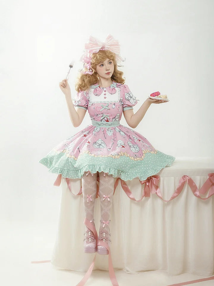 Sweet Pink Green Short Sleeve Dress Printed Lolita Doll Dress