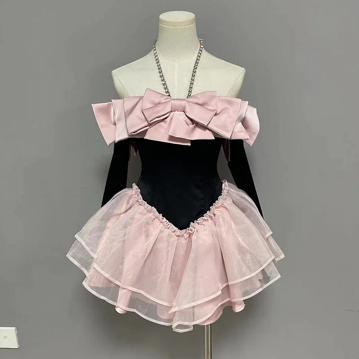 Sweet Pink Apricot Princess Neck Tutu with Bow Fairy Dress Lolita