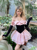 Sweet Pink Apricot Princess Neck Tutu with Bow Fairy Dress Lolita