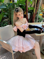Sweet Pink Apricot Princess Neck Tutu with Bow Fairy Dress Lolita