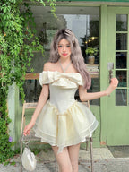Sweet Pink Apricot Princess Neck Tutu with Bow Fairy Dress Lolita