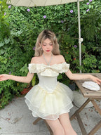 Sweet Pink Apricot Princess Neck Tutu with Bow Fairy Dress Lolita