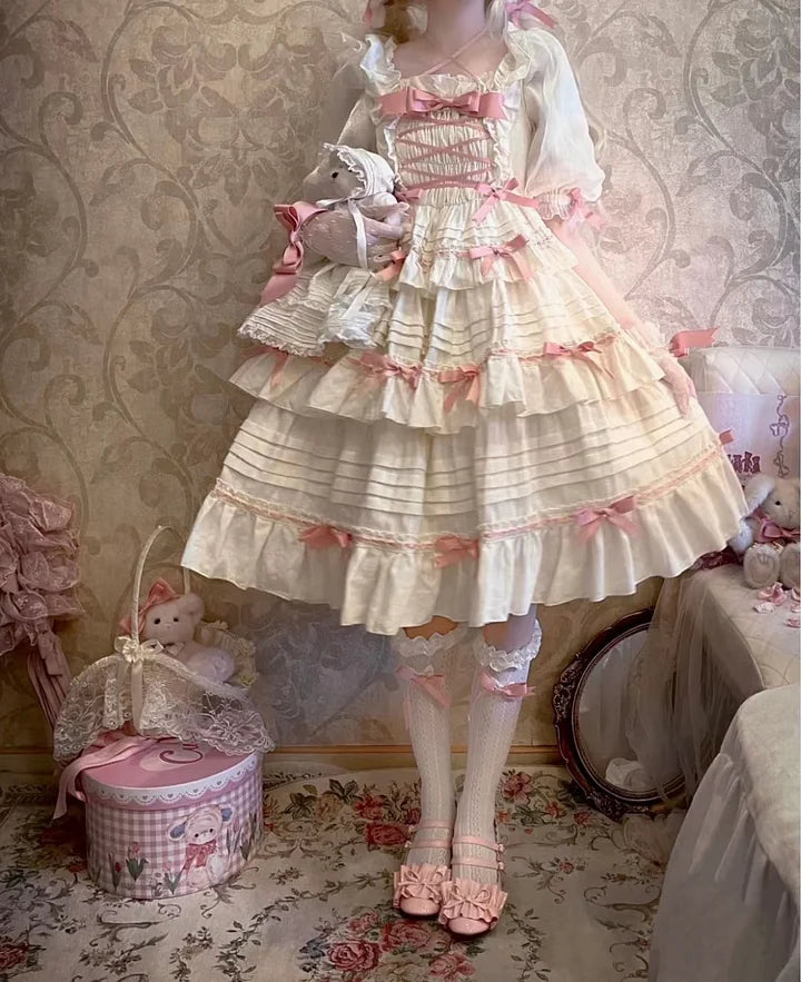 Sweet Pink Yellow Cotton Lolita Dress Bow Princess Cake Dress JSK