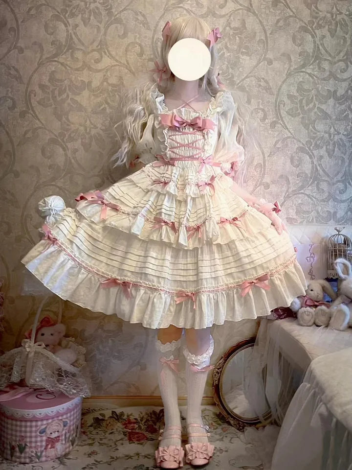 Sweet Pink Yellow Cotton Lolita Dress Bow Princess Cake Dress JSK