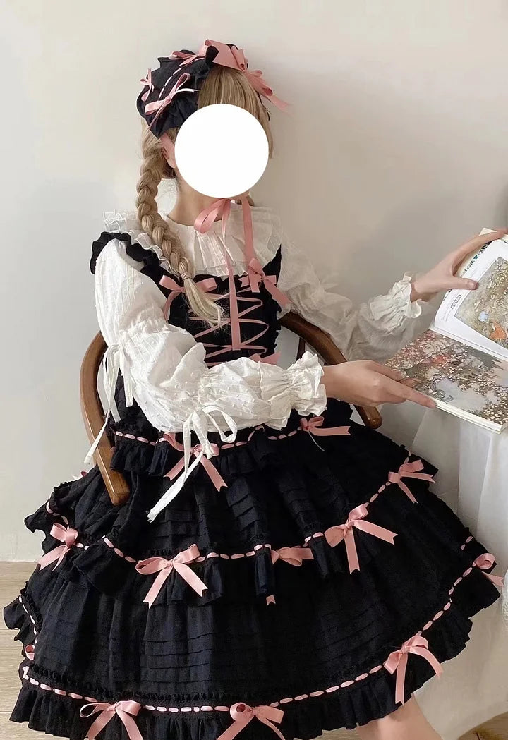 Sweet Pink Yellow Cotton Lolita Dress Bow Princess Cake Dress JSK
