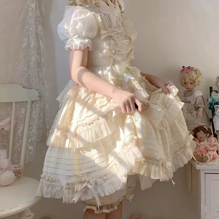 Sweet Pink Yellow Cotton Lolita Dress Bow Princess Cake Dress JSK