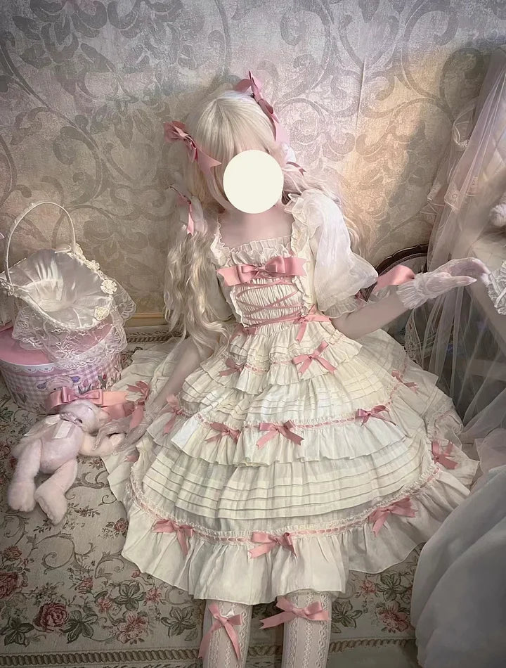 Sweet Pink Yellow Cotton Lolita Dress Bow Princess Cake Dress JSK
