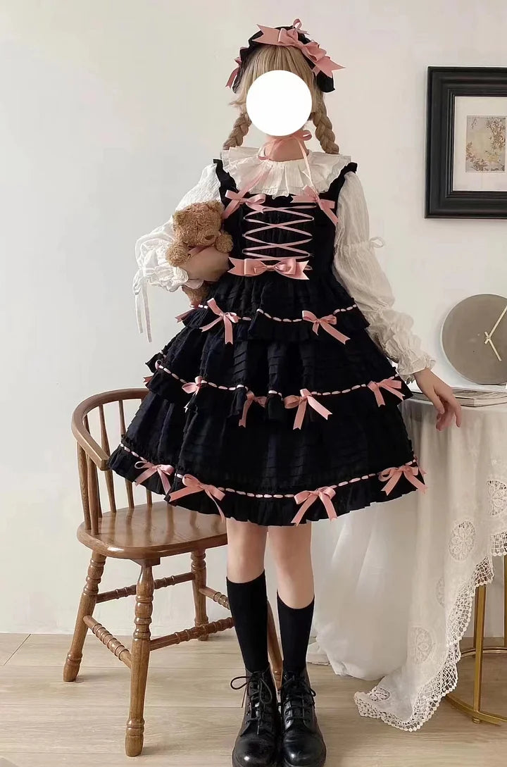 Sweet Pink Yellow Cotton Lolita Dress Bow Princess Cake Dress JSK