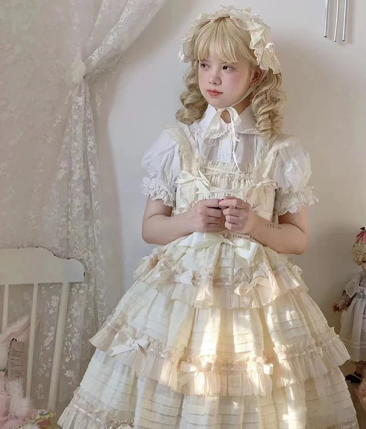 Sweet Pink Yellow Cotton Lolita Dress Bow Princess Cake Dress JSK