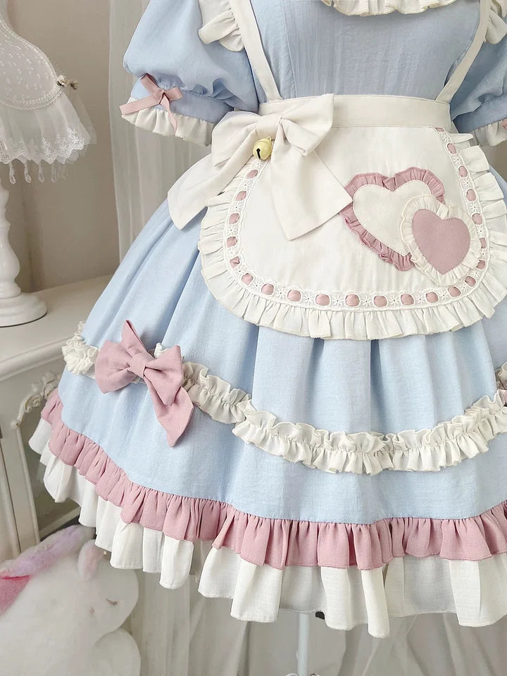 Sweet Pink-blue Ruffled Lolita Dress Maid Outfit Cute Bow Fluffy Short Sleeved Dresses