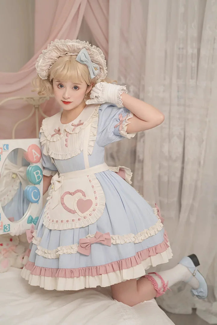 Sweet Pink-blue Ruffled Lolita Dress Maid Outfit Cute Bow Fluffy Short Sleeved Dresses
