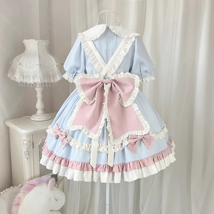 Sweet Pink-blue Ruffled Lolita Dress Maid Outfit Cute Bow Fluffy Short Sleeved Dresses