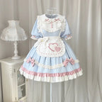 Sweet Pink-blue Ruffled Lolita Dress Maid Outfit Cute Bow Fluffy Short Sleeved Dresses