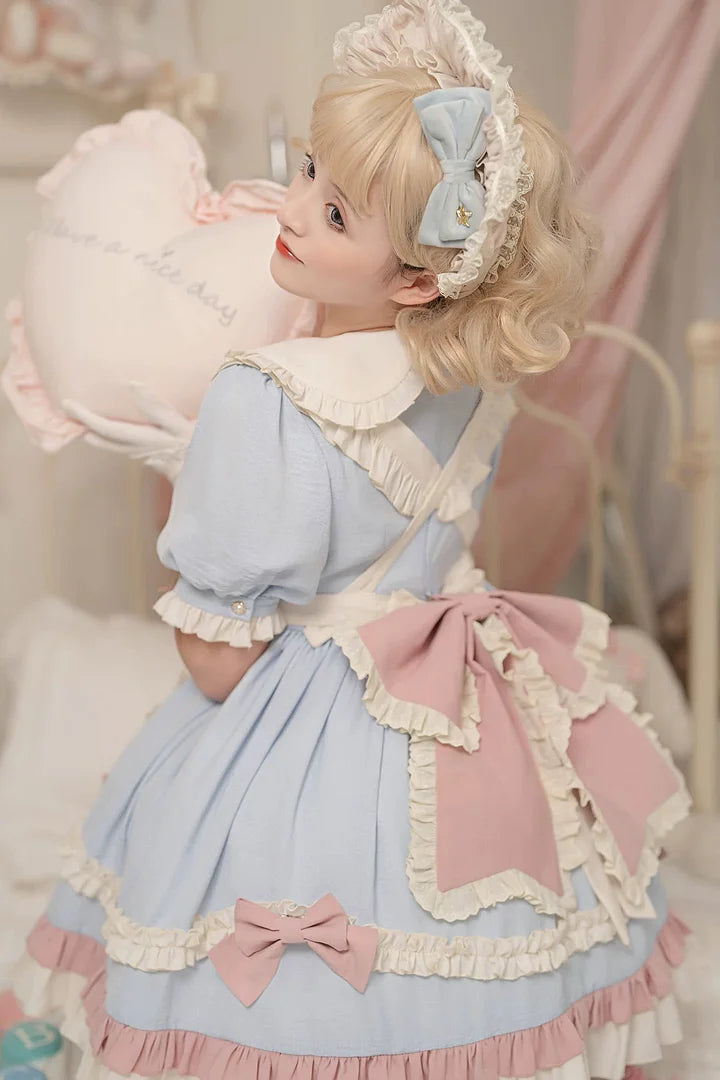 Sweet Pink-blue Ruffled Lolita Dress Maid Outfit Cute Bow Fluffy Short Sleeved Dresses