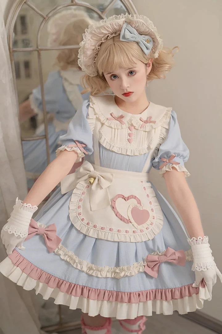 Sweet Pink-blue Ruffled Lolita Dress Maid Outfit Cute Bow Fluffy Short Sleeved Dresses