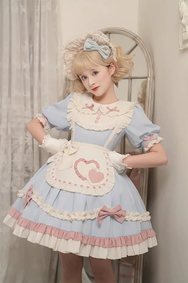 Sweet Pink-blue Ruffled Lolita Dress Maid Outfit Cute Bow Fluffy Short Sleeved Dresses