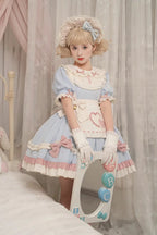 Sweet Pink-blue Ruffled Lolita Dress Maid Outfit Cute Bow Fluffy Short Sleeved Dresses