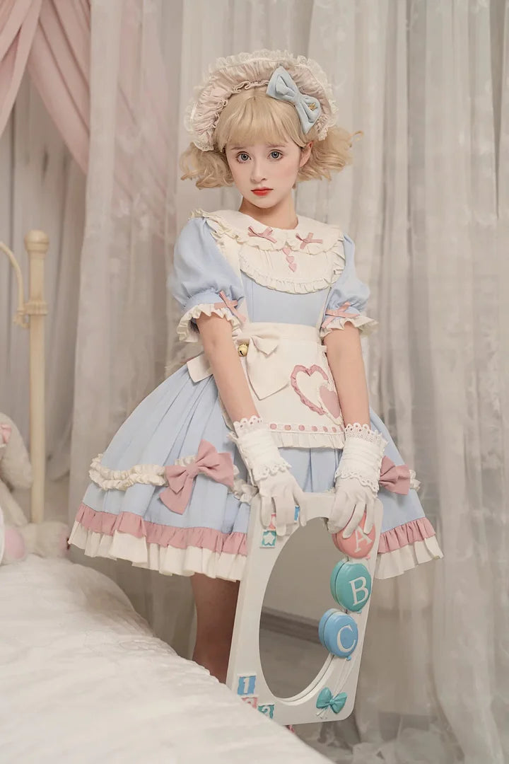 Sweet Pink-blue Ruffled Lolita Dress Maid Outfit Cute Bow Fluffy Short Sleeved Dresses