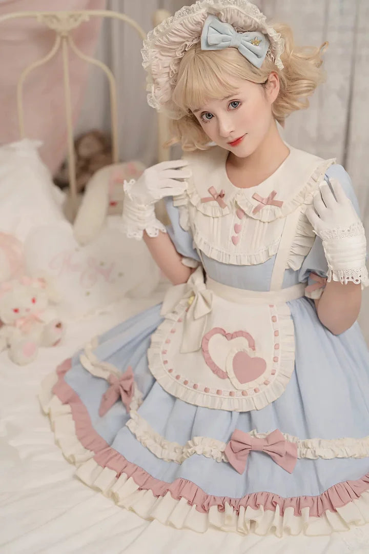 Sweet Pink-blue Ruffled Lolita Dress Maid Outfit Cute Bow Fluffy Short Sleeved Dresses