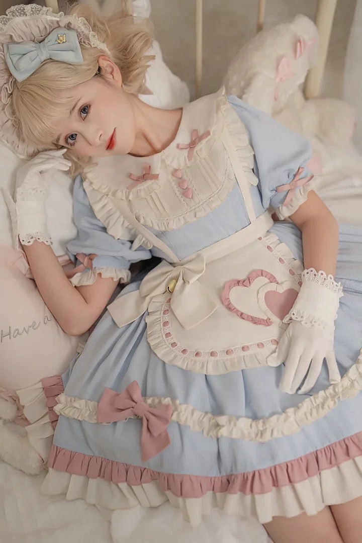 Sweet Pink-blue Ruffled Lolita Dress Maid Outfit Cute Bow Fluffy Short Sleeved Dresses