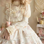 Sweet Printing Lace Bow Lolita Dress Plus Size Short Sleeved Cute Princess Dress Chiffon