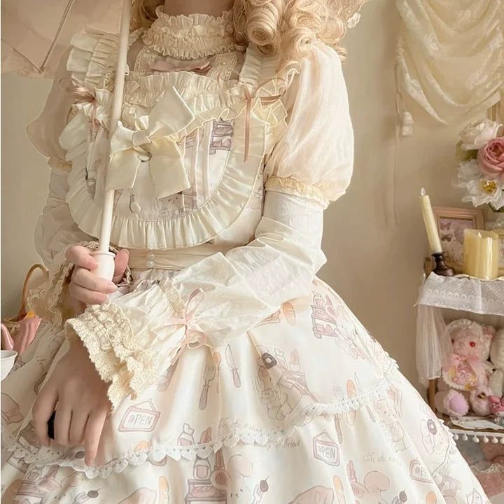 Sweet Printing Lace Bow Lolita Dress Plus Size Short Sleeved Cute Princess Dress Chiffon