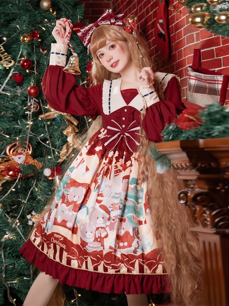 Sweet Red Christmas Square Neck Fall Lolita Printed Dress OP Fall Winter Casual