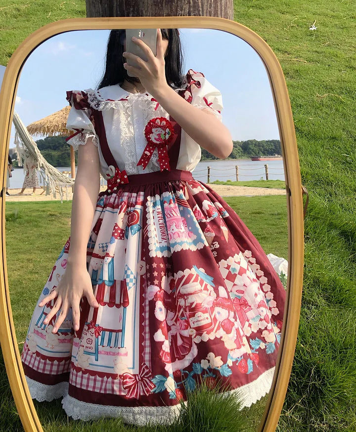 Sweet Red Plaid Strawberry Bunny House Lolita Spring Summer Short Sleeve Op Dress