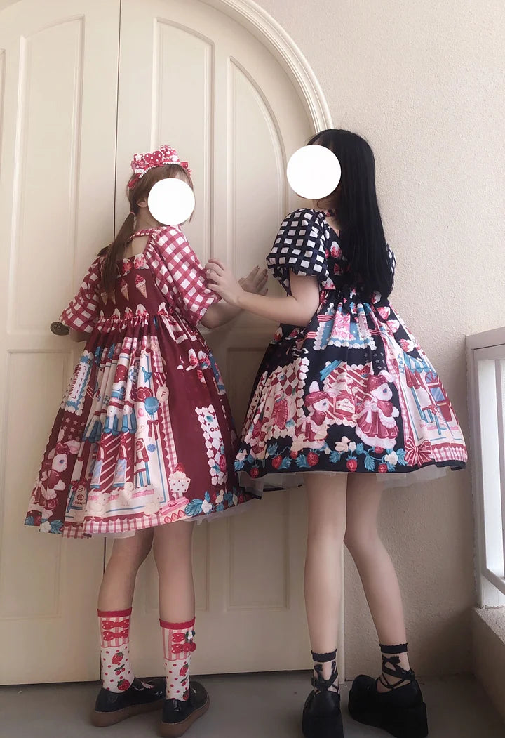Sweet Red Plaid Strawberry Bunny House Lolita Spring Summer Short Sleeve Op Dress