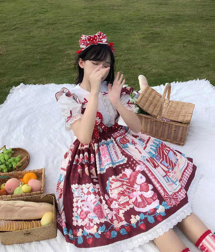 Sweet Red Plaid Strawberry Bunny House Lolita Spring Summer Short Sleeve Op Dress