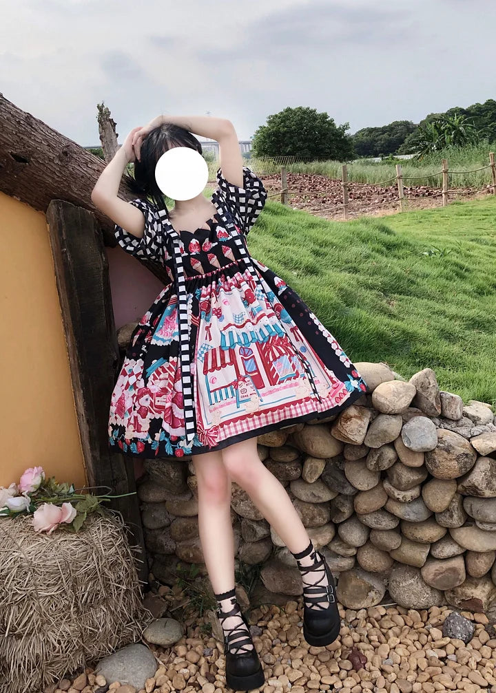 Sweet Red Plaid Strawberry Bunny House Lolita Spring Summer Short Sleeve Op Dress